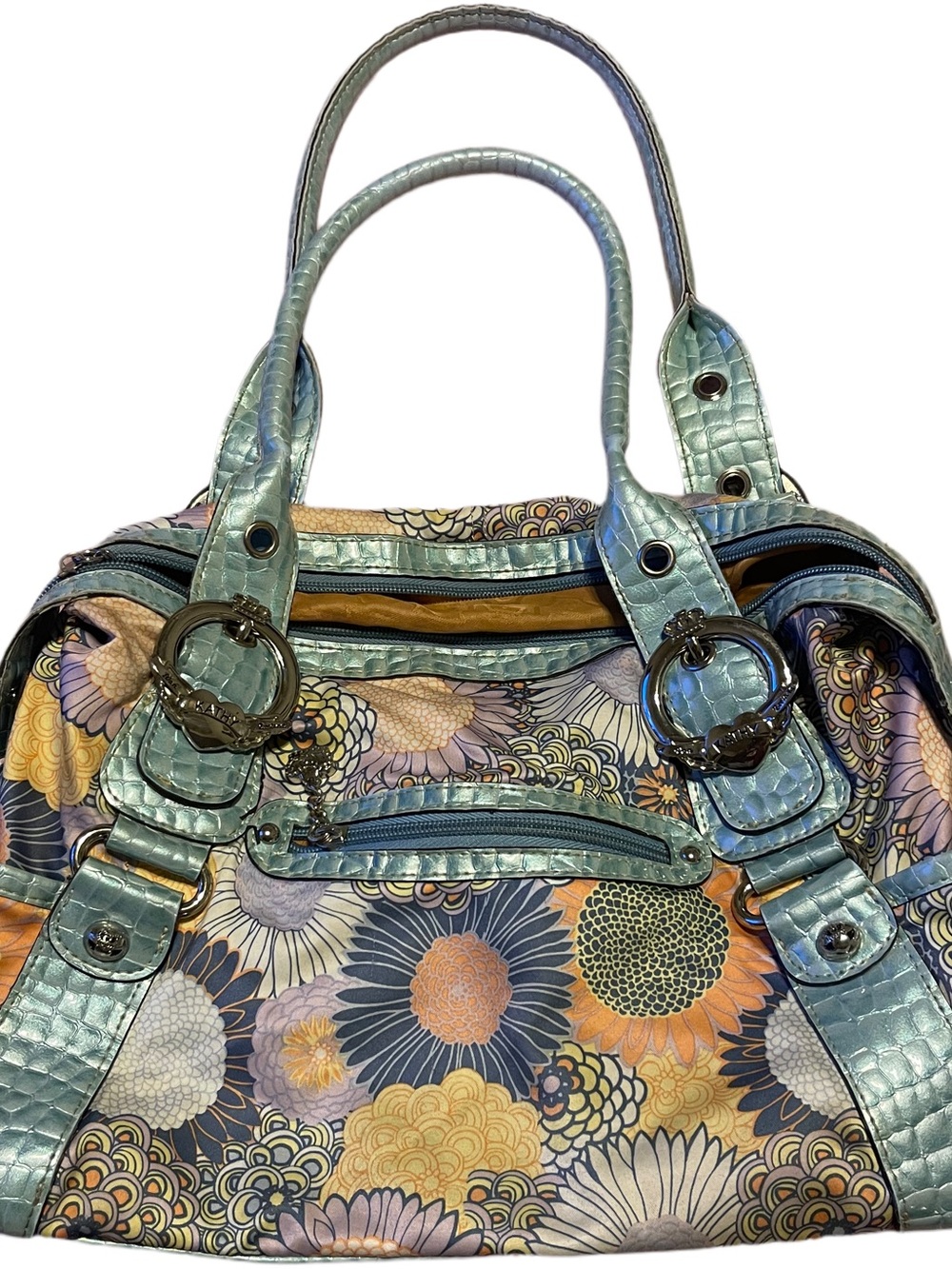 Vintage y2k McBling Kathy Van Zeeland Floral Print bag with Light Blue Trim